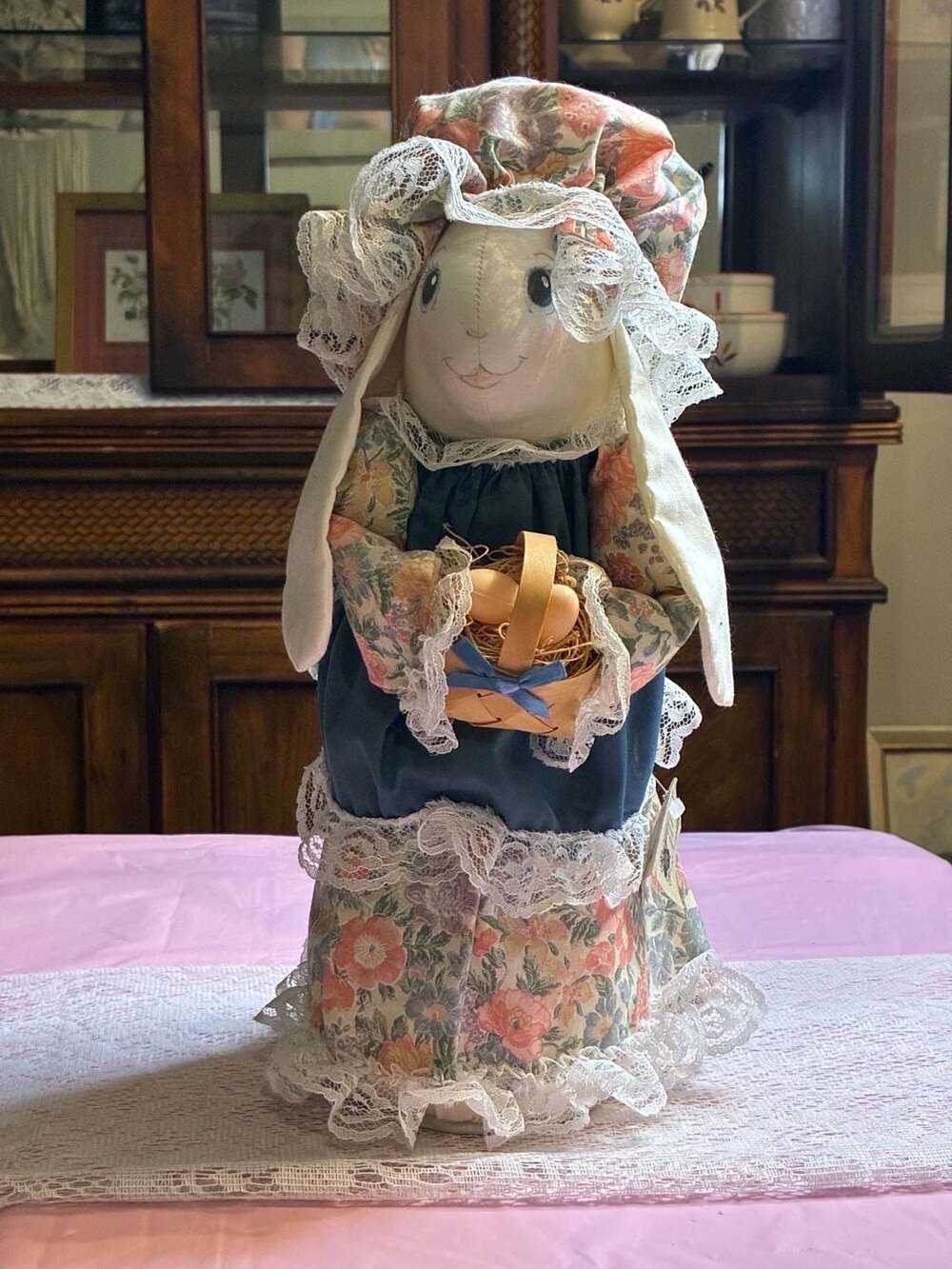 Ozark Mountain Crafts Handmade Stuffed Easter Bunny Doll Floral Dress Lace Bonne